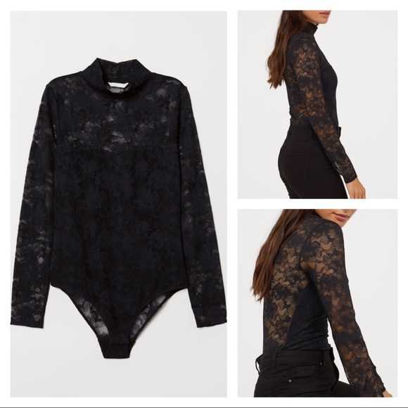 Other - Black floral lace mock turtle neck bodysuit